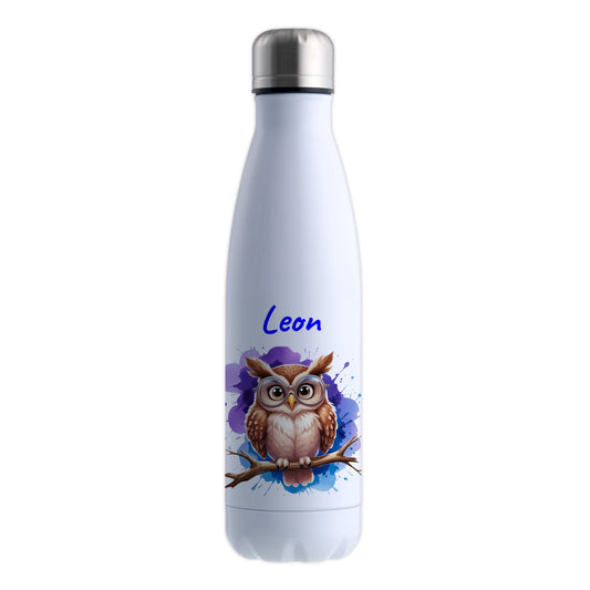 Trinkflasche in Weiß 500ml aus Edelstahl bedruckt mit niedlichen Tieren "Eule" personalisierbar für Kinder mit Wunschname
