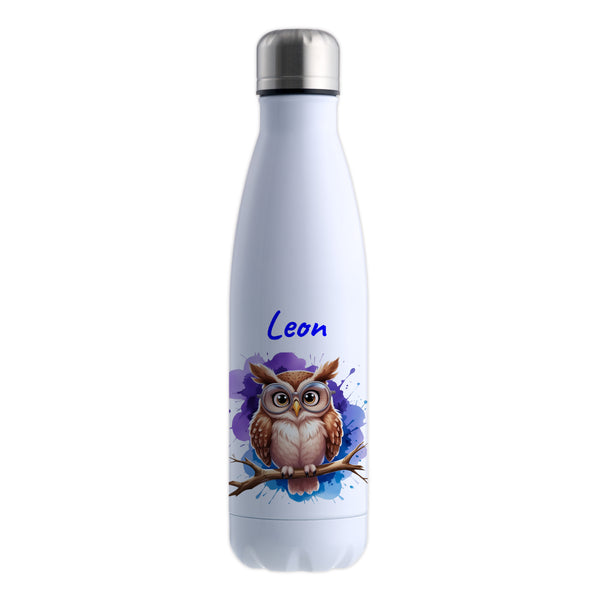 Trinkflasche in Weiß 500ml aus Edelstahl bedruckt mit niedlichen Tieren "Eule" personalisierbar für Kinder mit Wunschname