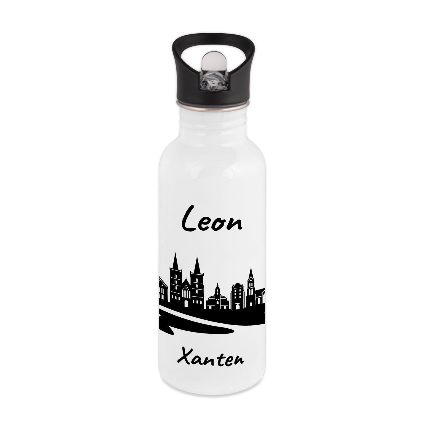 Trinkflasche in Weiß 600ml aus Edelstahl bedruckt mit der Skyline von Xanten personalisierbar mit Wunschname