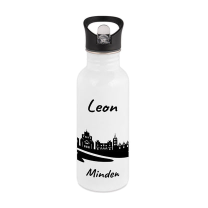 Trinkflasche in Weiß 600ml aus Edelstahl bedruckt mit der Skyline von Minden personalisierbar mit Wunschname