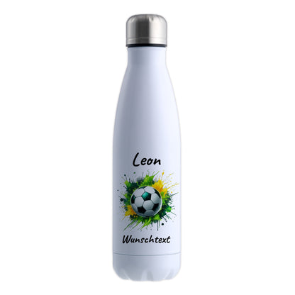 Thermoflasche 500ml in Weiß aus Edelstahl bedruckt "Fußball" Motiv11 personalisierbar mit Wunschname & Text