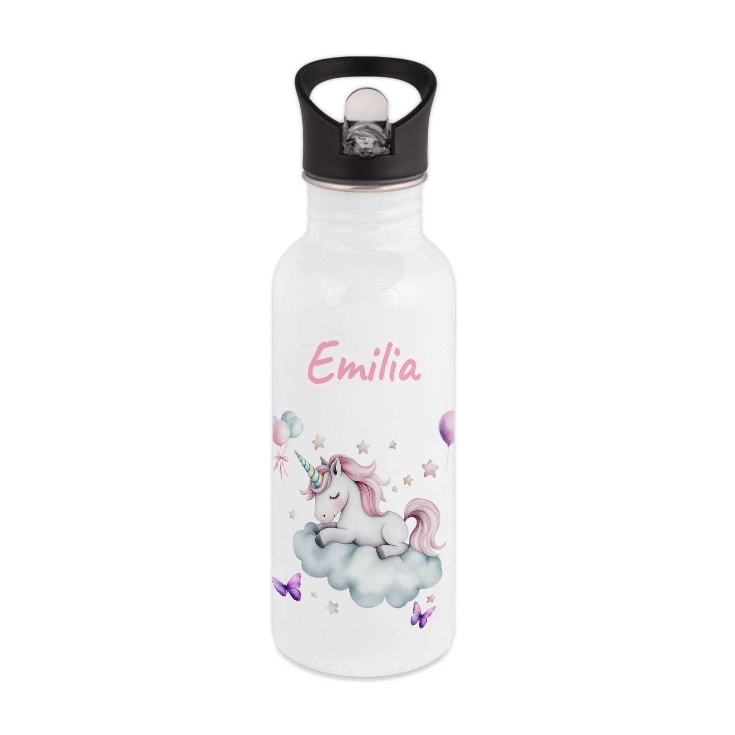 Trinkflasche mit Strohhalm in Weiß 600ml bedruckt mit tollen Motiven für Kinder "Einhorn Wolke" personalisierbar für Kinder mit Wunschname aus Edelstahl