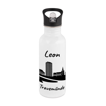 Trinkflasche in Weiß 600ml aus Edelstahl bedruckt mit der Skyline von Travemünde personalisierbar mit Wunschname