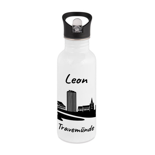 Trinkflasche in Weiß 600ml aus Edelstahl bedruckt mit der Skyline von Travemünde personalisierbar mit Wunschname