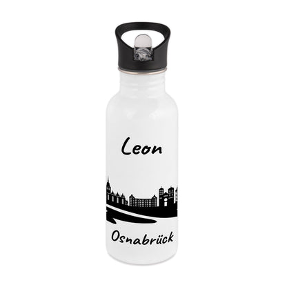 Trinkflasche in Weiß 600ml aus Edelstahl bedruckt mit der Skyline von Osnabrück personalisierbar mit Wunschname