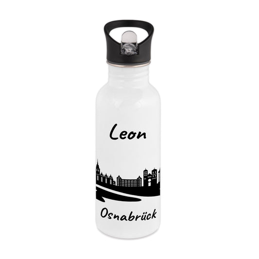 Trinkflasche in Weiß 600ml aus Edelstahl bedruckt mit der Skyline von Osnabrück personalisierbar mit Wunschname