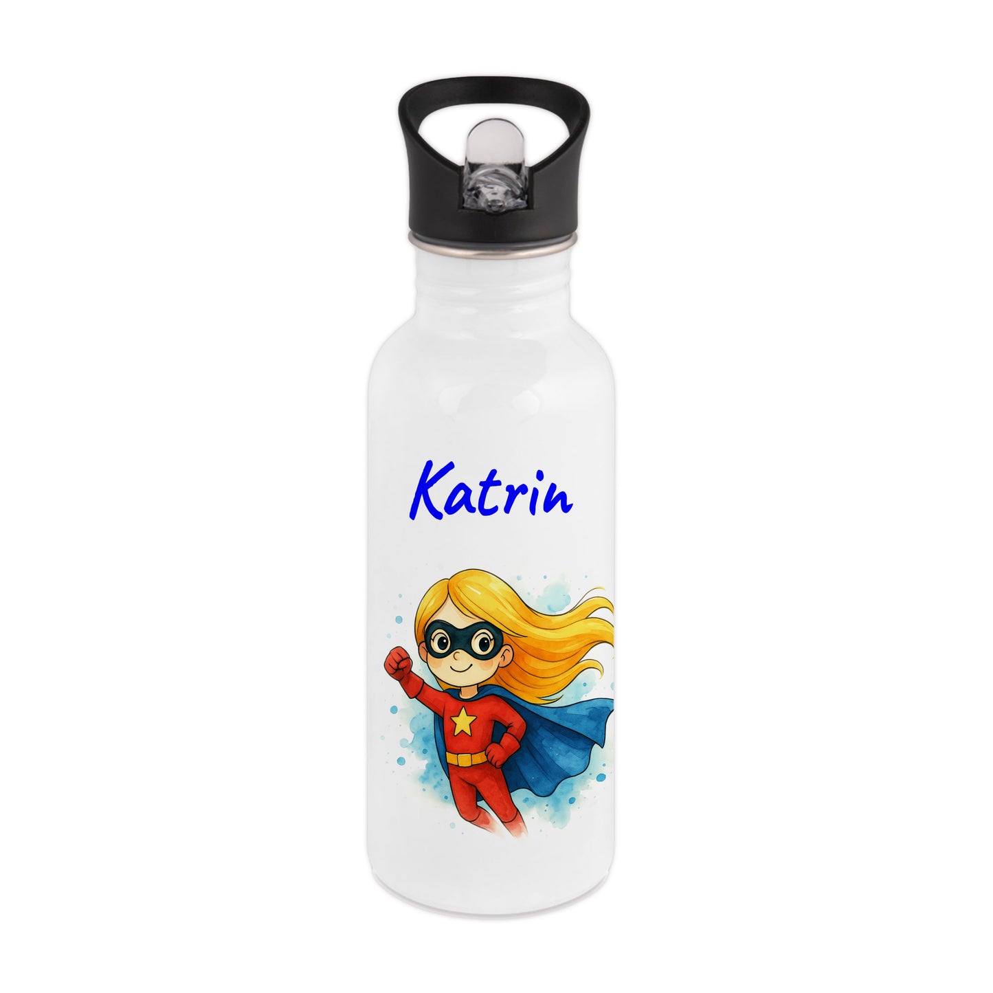 Trinkflasche mit Strohhalm in Weiß 600ml bedruckt mit tollen Motiven für Kinder "Superheldin" personalisierbar für Kinder mit Wunschname aus Edelstahl