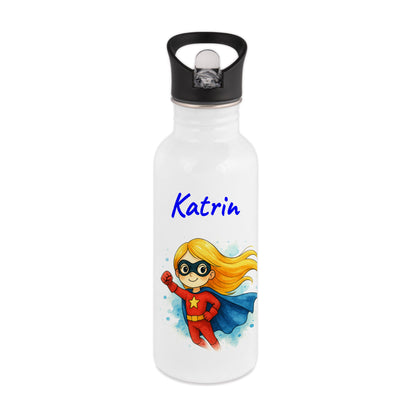 Trinkflasche mit Strohhalm in Weiß 600ml bedruckt mit tollen Motiven für Kinder "Superheldin" personalisierbar für Kinder mit Wunschname aus Edelstahl