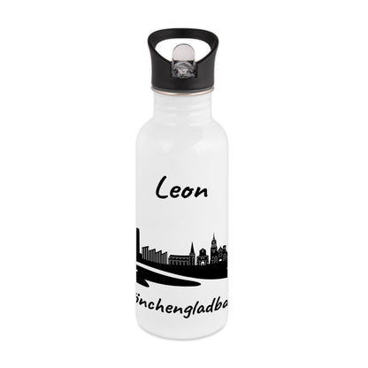 Trinkflasche in Weiß 600ml aus Edelstahl bedruckt mit der Skyline von Mönchengladbach personalisierbar mit Wunschname