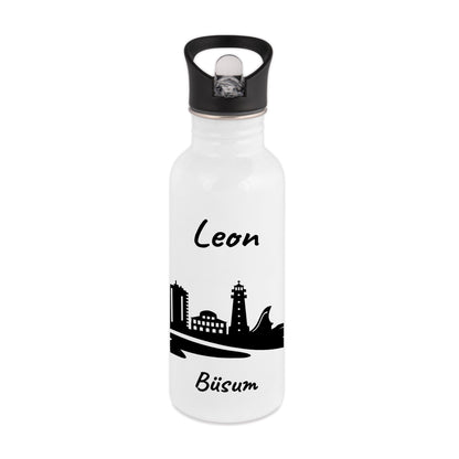 Trinkflasche in Weiß 600ml aus Edelstahl bedruckt mit der Skyline von Büsum personalisierbar mit Wunschname