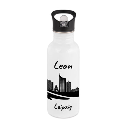 Trinkflasche in Weiß 600ml aus Edelstahl bedruckt mit der Skyline von Leipzig personalisierbar mit Wunschname