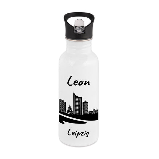 Trinkflasche in Weiß 600ml aus Edelstahl bedruckt mit der Skyline von Leipzig personalisierbar mit Wunschname