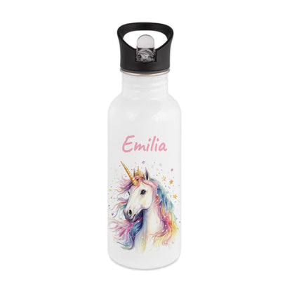 Trinkflasche mit Strohhalm in Weiß 600ml bedruckt mit tollen Motiven für Kinder "Einhorn" personalisierbar für Kinder mit Wunschname aus Edelstahl
