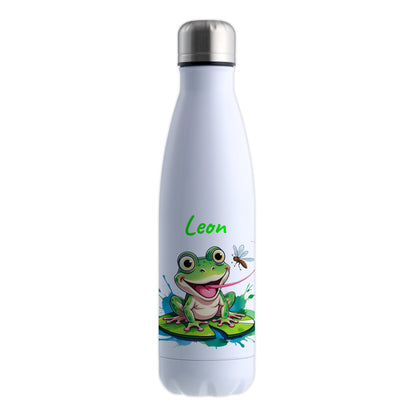 Trinkflasche in Weiß 500ml aus Edelstahl bedruckt mit niedlichen Tieren "Frosch" personalisierbar für Kinder mit Wunschname