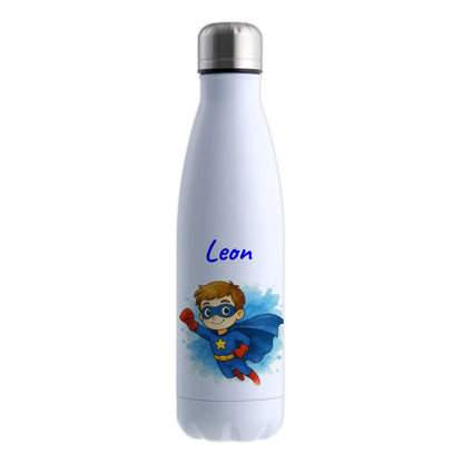 Thermoflasche 500ml in Weiß bedruckt mit tollen Motiven für Kinder "Superheld" personalisierbar mit Wunschname