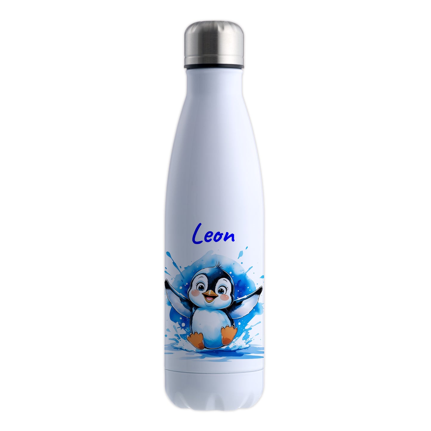 Trinkflasche in Weiß 500ml aus Edelstahl bedruckt mit niedlichen Tieren "Pinguin" personalisierbar für Kinder mit Wunschname
