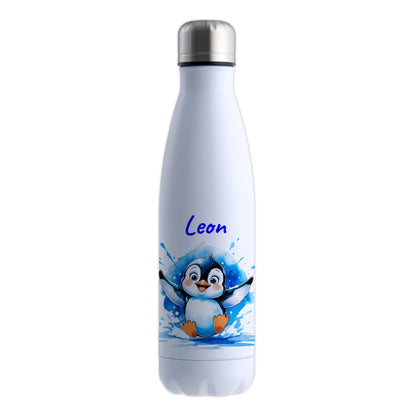 Trinkflasche in Weiß 500ml aus Edelstahl bedruckt mit niedlichen Tieren "Pinguin" personalisierbar für Kinder mit Wunschname