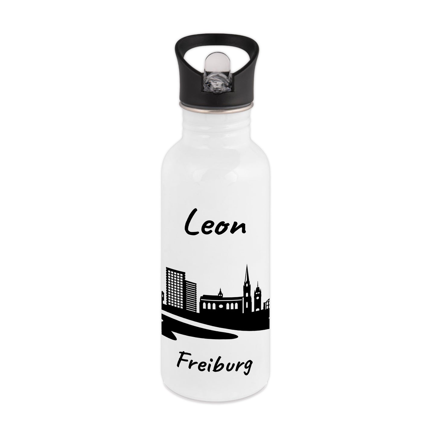 Trinkflasche in Weiß 600ml aus Edelstahl bedruckt mit der Skyline von Freiburg personalisierbar mit Wunschname