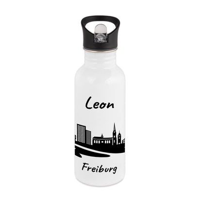 Trinkflasche in Weiß 600ml aus Edelstahl bedruckt mit der Skyline von Freiburg personalisierbar mit Wunschname