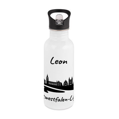 Trinkflasche in Weiß 600ml aus Edelstahl bedruckt mit der Skyline von Ostwestfalen-Lippe personalisierbar mit Wunschname