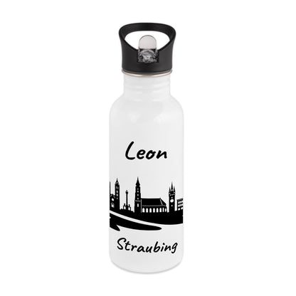 Trinkflasche in Weiß 600ml aus Edelstahl bedruckt mit der Skyline von Straubing personalisierbar mit Wunschname