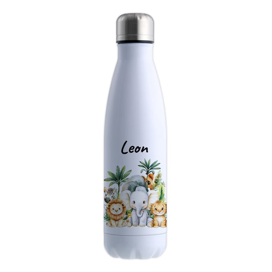 Trinkflasche in Weiß 500ml aus Edelstahl bedruckt mit Dschungel Tieren"Dschungel Tiere" personalisierbar für Kinder mit Wunschname