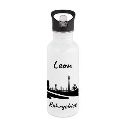 Trinkflasche in Weiß 600ml aus Edelstahl bedruckt mit der Skyline von Ruhrgebiet personalisierbar mit Wunschname