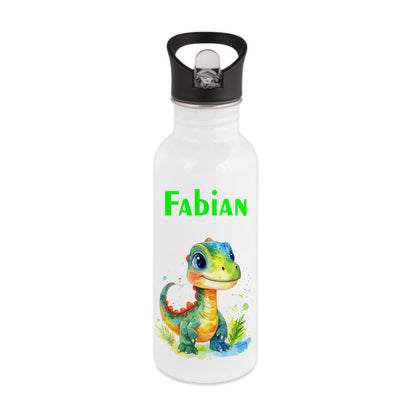 Trinkflasche mit Strohhalm in Weiß 600ml bedruckt mit tollen Motiven für Kinder "Dino Kinder" personalisierbar für Kinder mit Wunschname aus Edelstahl
