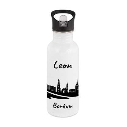 Trinkflasche in Weiß 600ml aus Edelstahl bedruckt mit der Skyline von Borkum personalisierbar mit Wunschname