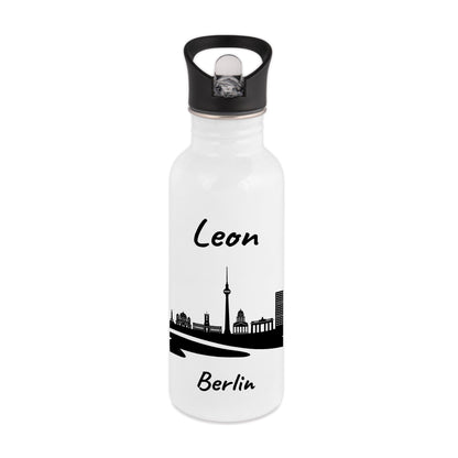 Trinkflasche in Weiß 600ml aus Edelstahl bedruckt mit der Skyline von Berlin personalisierbar mit Wunschname