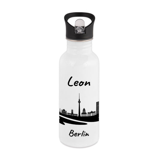 Trinkflasche in Weiß 600ml aus Edelstahl bedruckt mit der Skyline von Berlin personalisierbar mit Wunschname