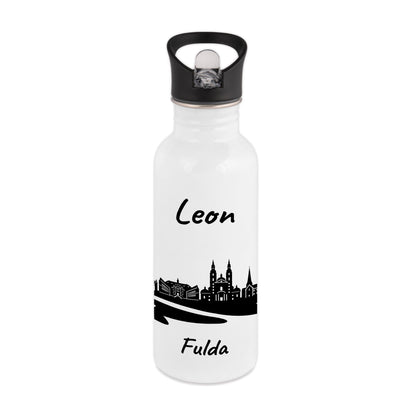 Trinkflasche in Weiß 600ml aus Edelstahl bedruckt mit der Skyline von Fulda personalisierbar mit Wunschname