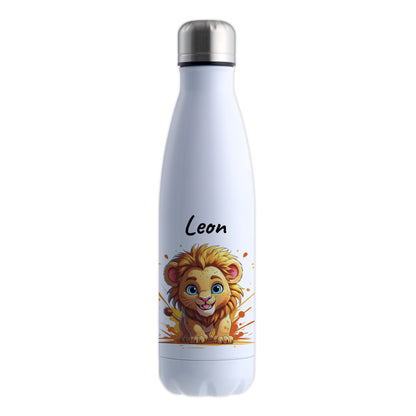 Trinkflasche in Weiß 500ml aus Edelstahl bedruckt mit niedlichen Tieren "Löwe" personalisierbar für Kinder mit Wunschname