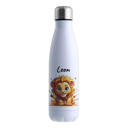 Trinkflasche in Weiß 500ml aus Edelstahl bedruckt mit niedlichen Tieren "Löwe" personalisierbar für Kinder mit Wunschname