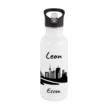 Trinkflasche in Weiß 600ml aus Edelstahl bedruckt mit der Skyline von Essen personalisierbar mit Wunschname