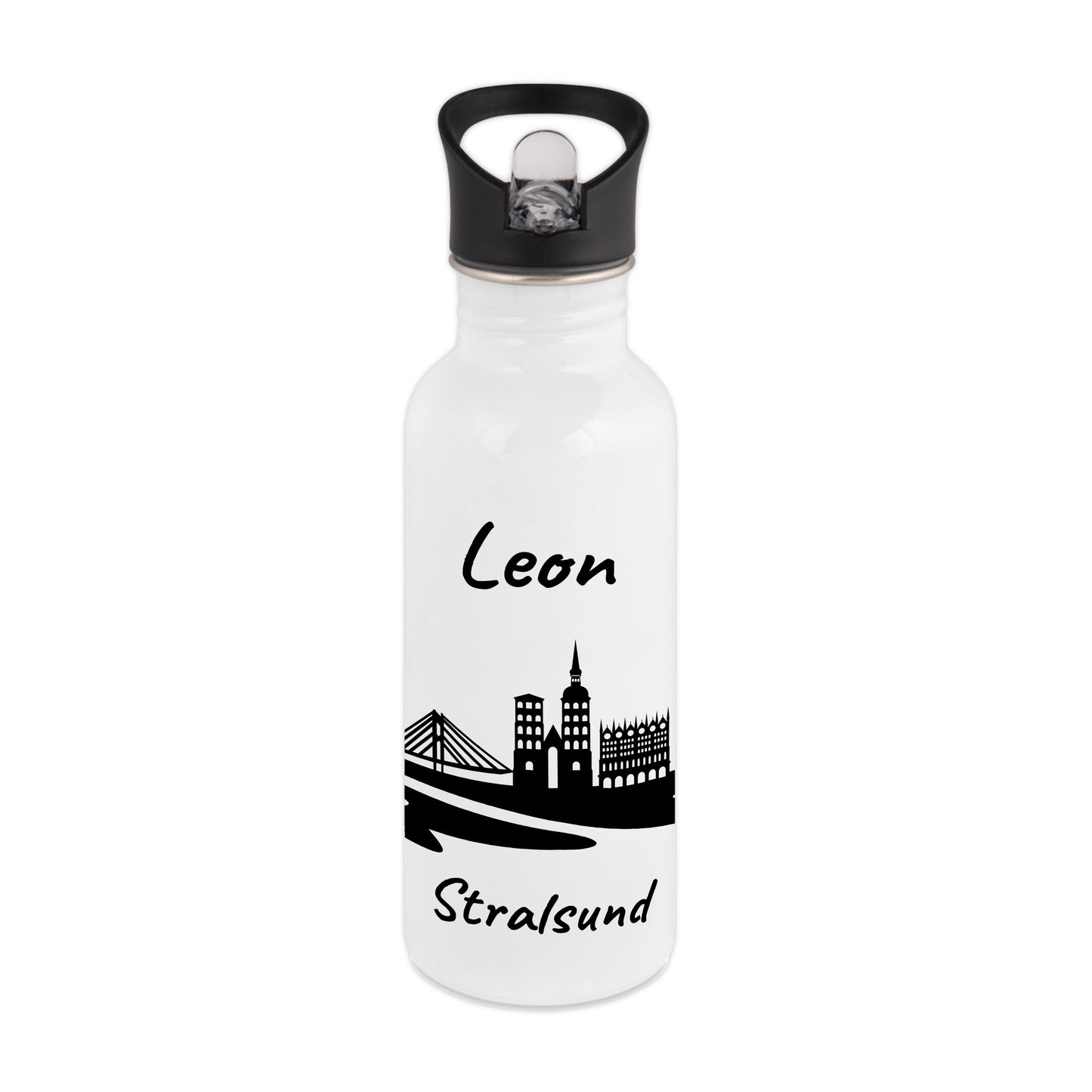 Trinkflasche in Weiß 600ml aus Edelstahl bedruckt mit der Skyline von Stralsund personalisierbar mit Wunschname