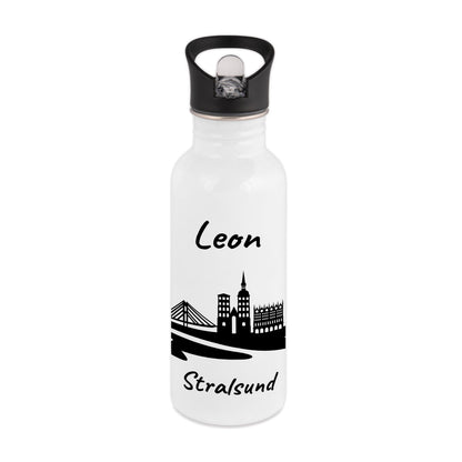 Trinkflasche in Weiß 600ml aus Edelstahl bedruckt mit der Skyline von Stralsund personalisierbar mit Wunschname