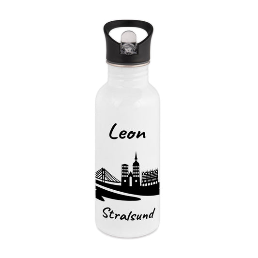Trinkflasche in Weiß 600ml aus Edelstahl bedruckt mit der Skyline von Stralsund personalisierbar mit Wunschname