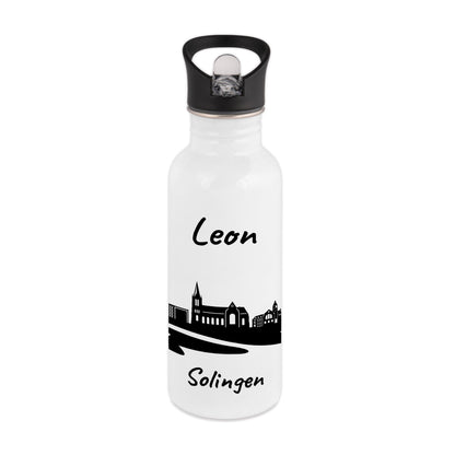 Trinkflasche in Weiß 600ml aus Edelstahl bedruckt mit der Skyline von Solingen personalisierbar mit Wunschname