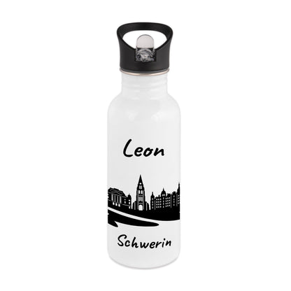 Trinkflasche in Weiß 600ml aus Edelstahl bedruckt mit der Skyline von Schwerin personalisierbar mit Wunschname
