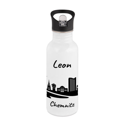 Trinkflasche in Weiß 600ml aus Edelstahl bedruckt mit der Skyline von Chemnitz personalisierbar mit Wunschname