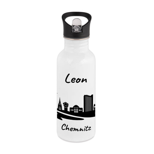 Trinkflasche in Weiß 600ml aus Edelstahl bedruckt mit der Skyline von Chemnitz personalisierbar mit Wunschname