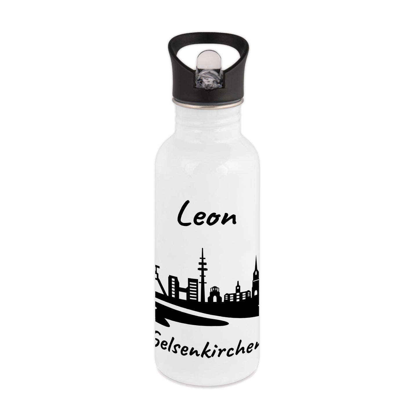 Trinkflasche in Weiß 600ml aus Edelstahl bedruckt mit der Skyline von Gelsenkirchen personalisierbar mit Wunschname