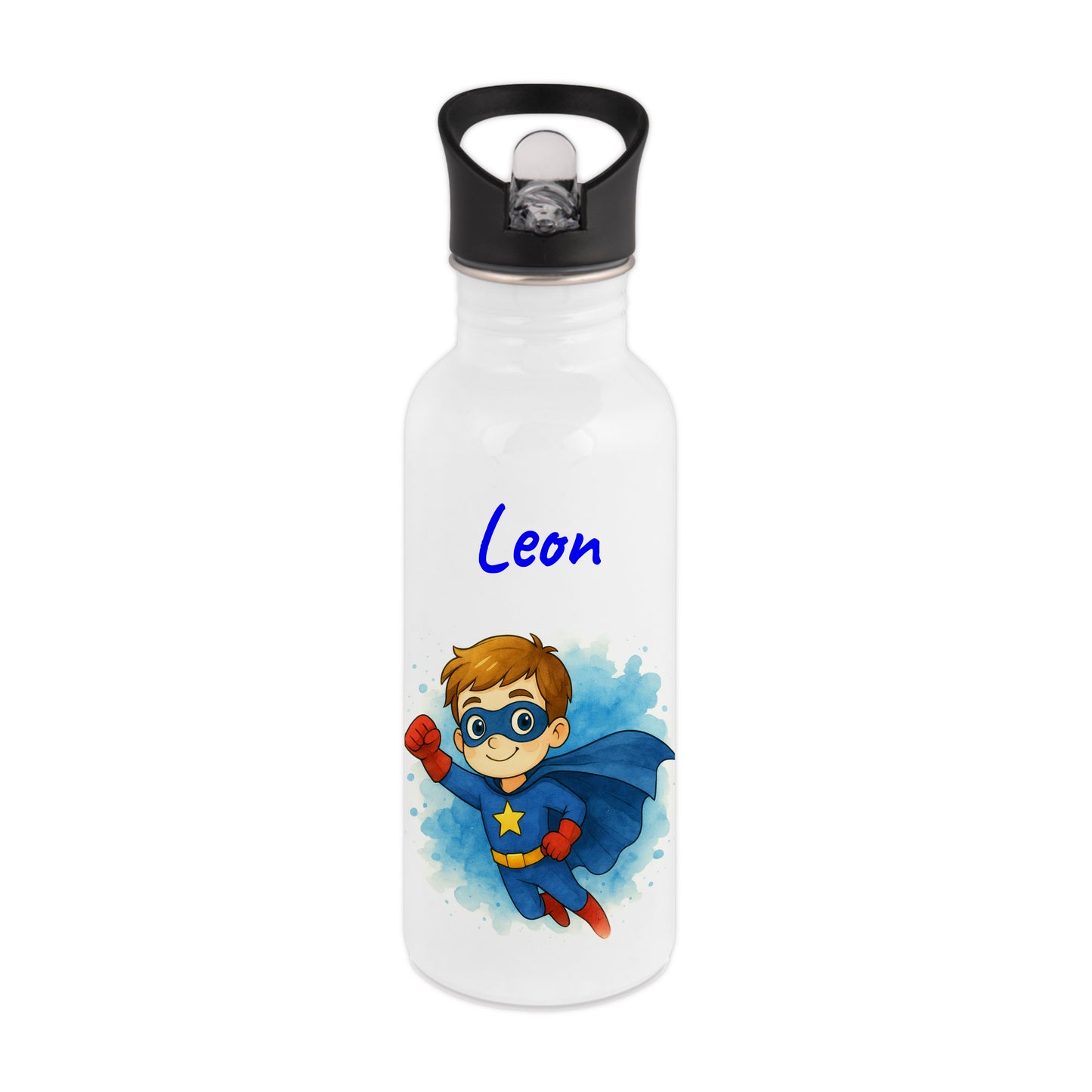 Trinkflasche mit Strohhalm in Weiß 600ml bedruckt mit tollen Motiven für Kinder "Superheld" personalisierbar für Kinder mit Wunschname aus Edelstahl
