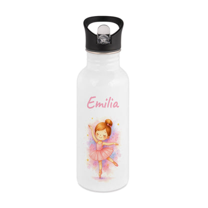 Trinkflasche mit Strohhalm in Weiß 600ml bedruckt mit tollen Motiven für Kinder "Ballerina" personalisierbar für Kinder mit Wunschname aus Edelstahl