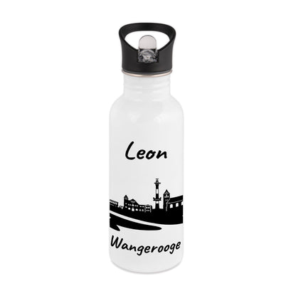 Trinkflasche in Weiß 600ml aus Edelstahl bedruckt mit der Skyline von Wangerooge personalisierbar mit Wunschname
