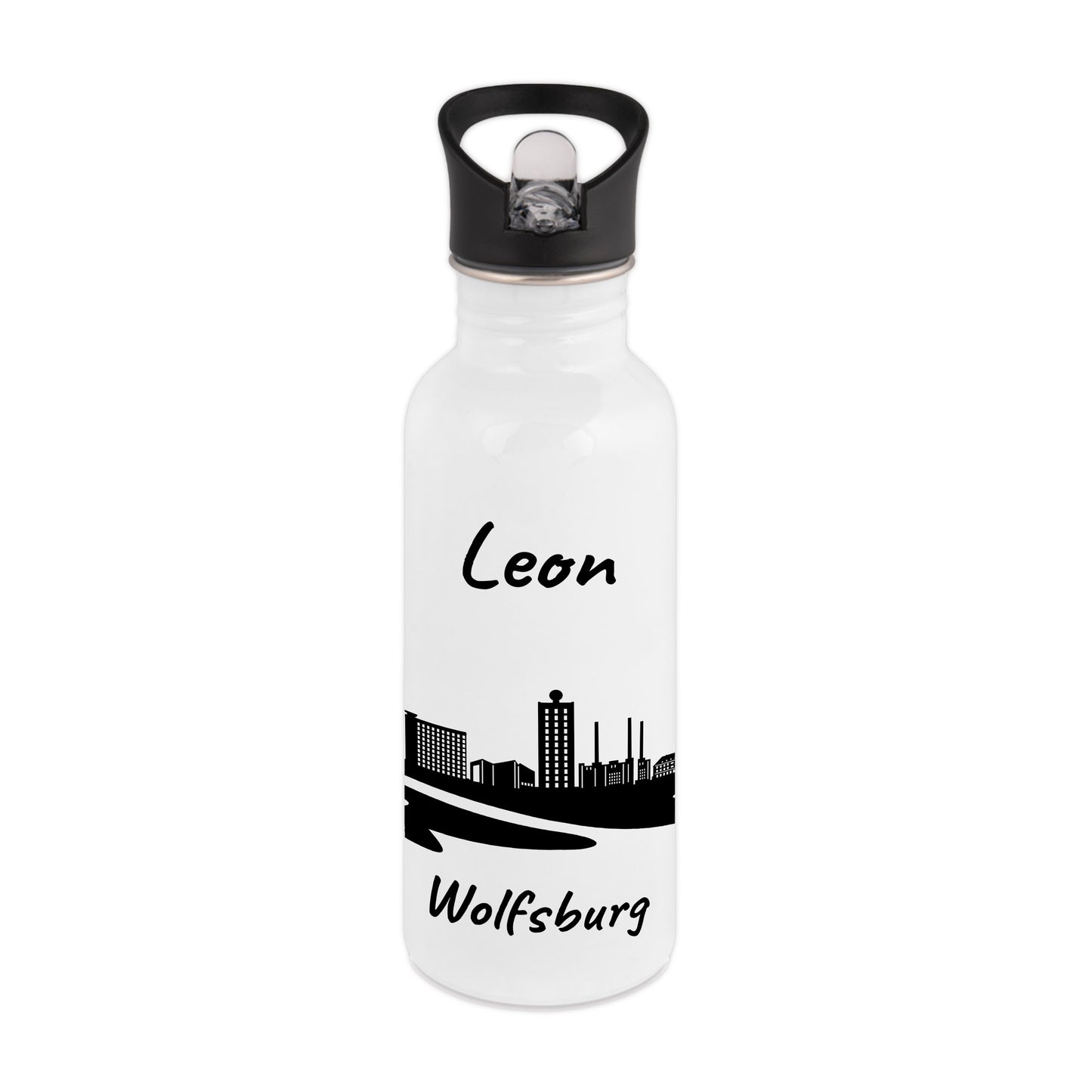 Trinkflasche in Weiß 600ml aus Edelstahl bedruckt mit der Skyline von Wolfsburg personalisierbar mit Wunschname