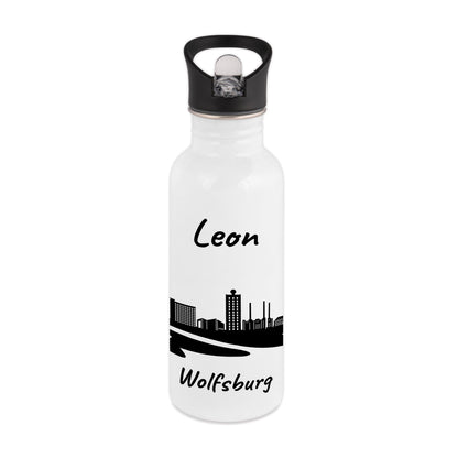Trinkflasche in Weiß 600ml aus Edelstahl bedruckt mit der Skyline von Wolfsburg personalisierbar mit Wunschname