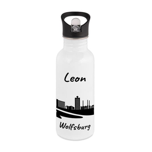 Trinkflasche in Weiß 600ml aus Edelstahl bedruckt mit der Skyline von Wolfsburg personalisierbar mit Wunschname
