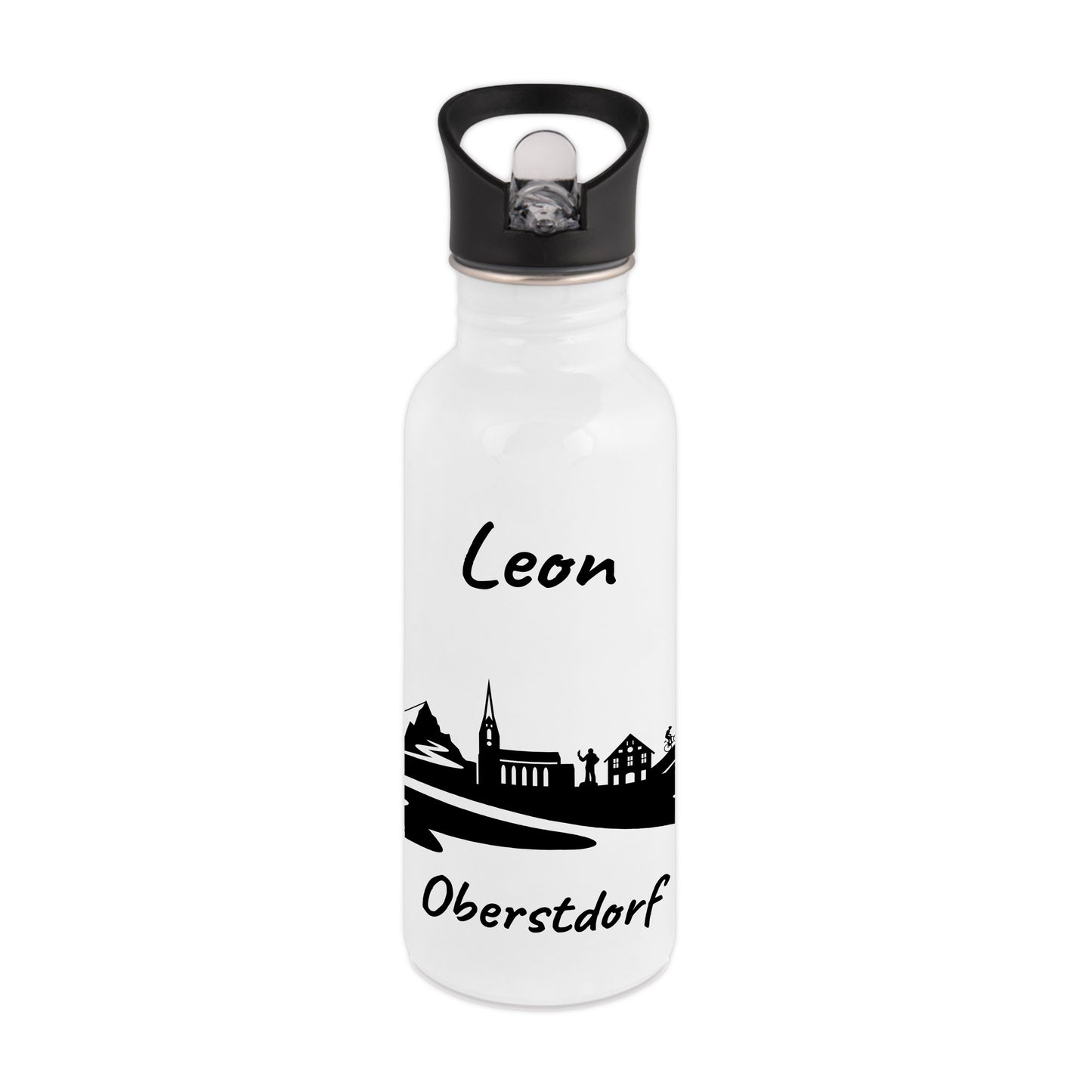 Trinkflasche in Weiß 600ml aus Edelstahl bedruckt mit der Skyline von Oberstdorf personalisierbar mit Wunschname